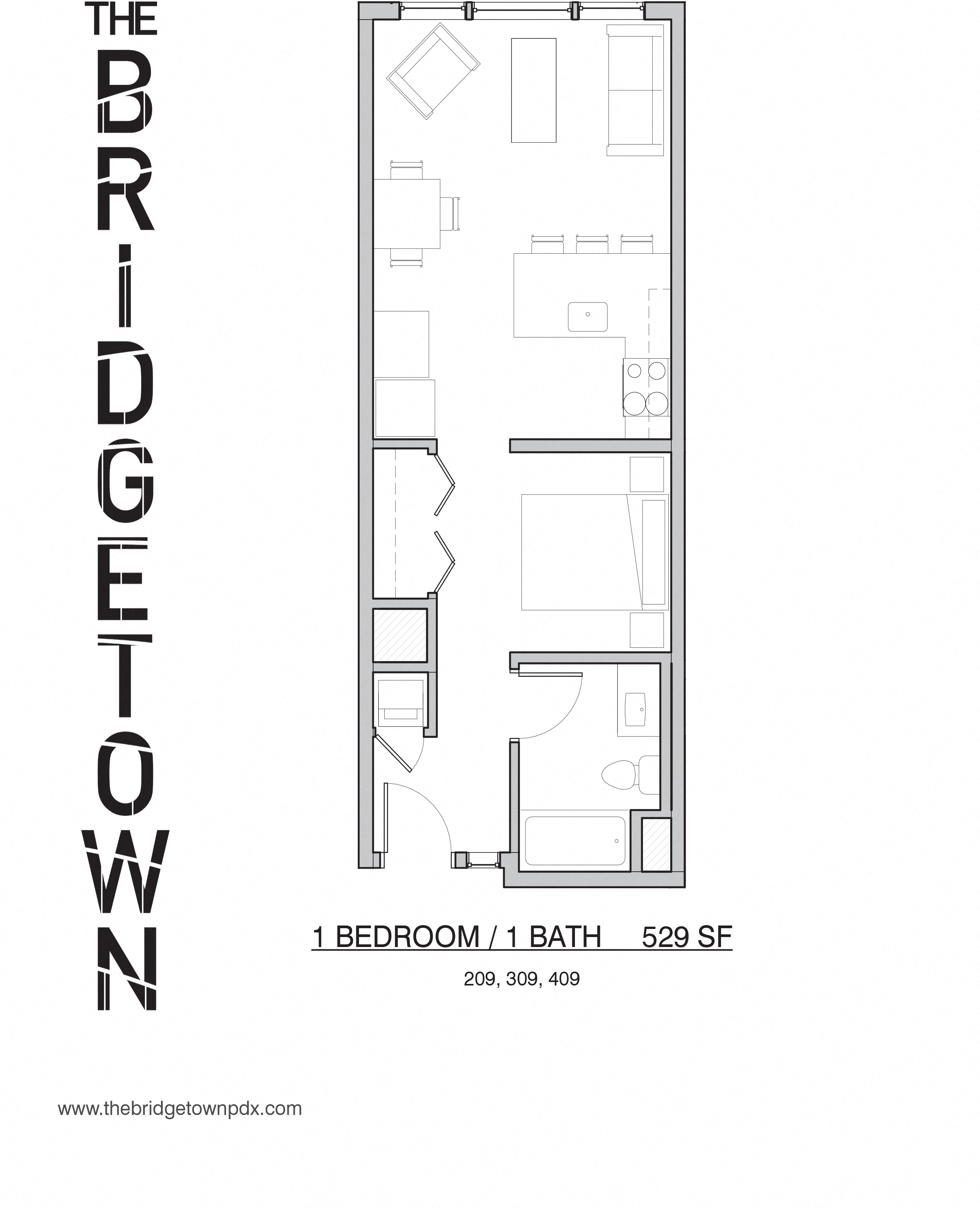 Floor plan for 1 bed, 1 bath, 529 sqft